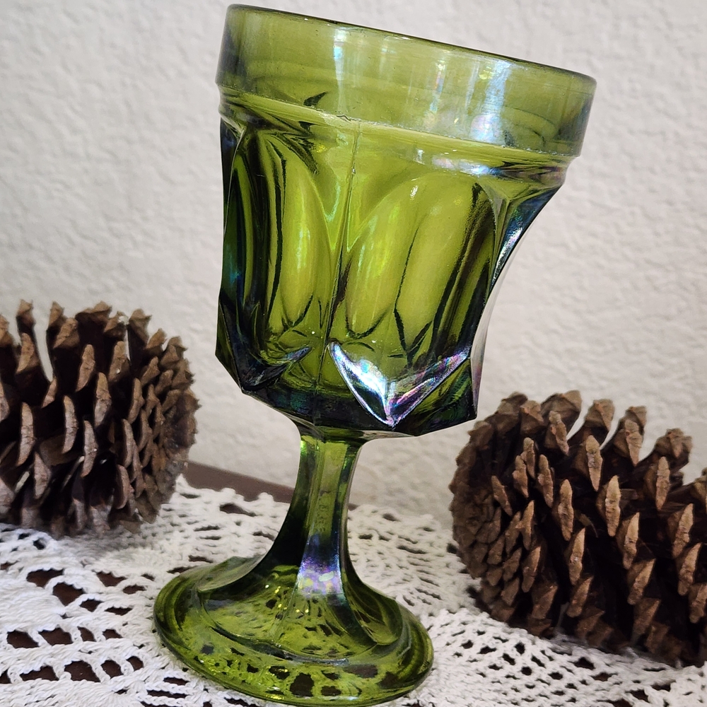 Vintage Green Glass Goblet: MCM Thumbprint Stemware